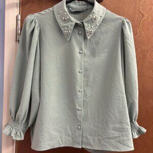 Zara pale pistachio blouse jewelled collar XS
